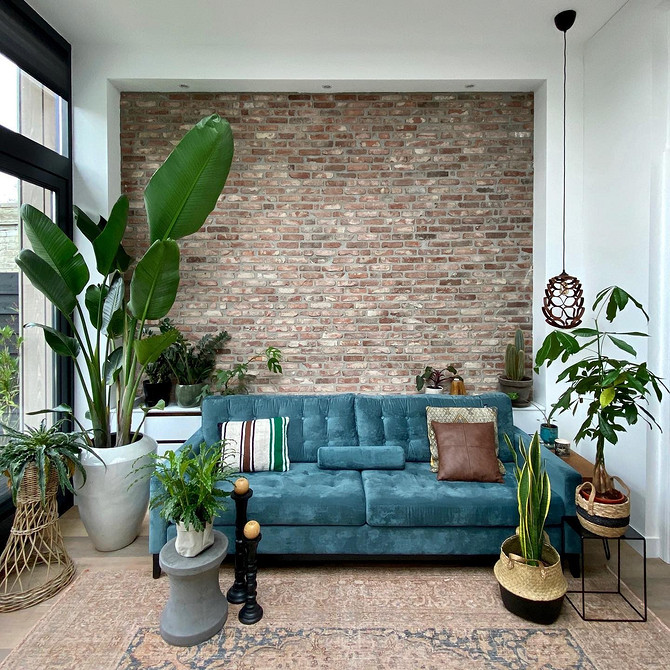 Інтер'єр з синім оксамитовим диваном, золотими елементами декору та каміном.