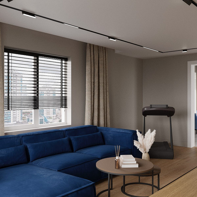 Сучасний дизайн вітальні з синім диваном: стильні меблі, кольорові акценти, поради