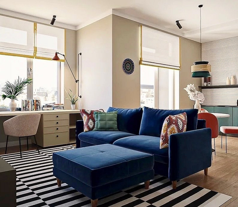 Елегантний синій диван в інтер'єрі: поради по вибору та вдалі колірні рішення.