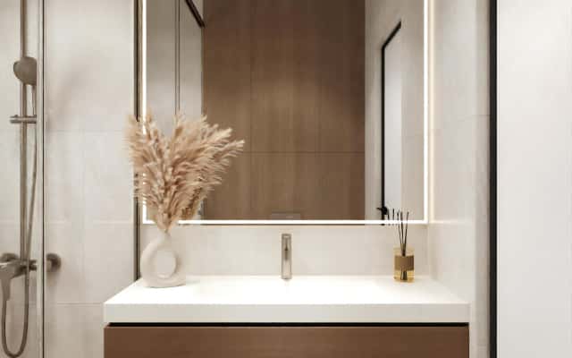 Ванна кімната в сірому кольорі з елементами еко стилю та сучасним дизайном.