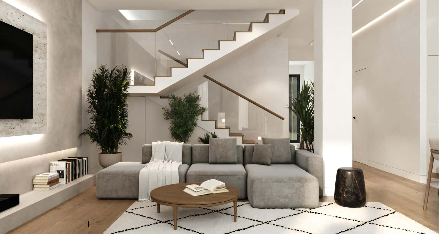 Сучасний дизайн інтер'єру будинку в сірих тонах з елементами еко-стилю.