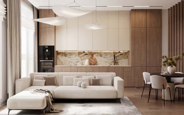 Дизайн інтер'єру будинку: елегантне поєднання фактур для відчуття спокою та гармонії.