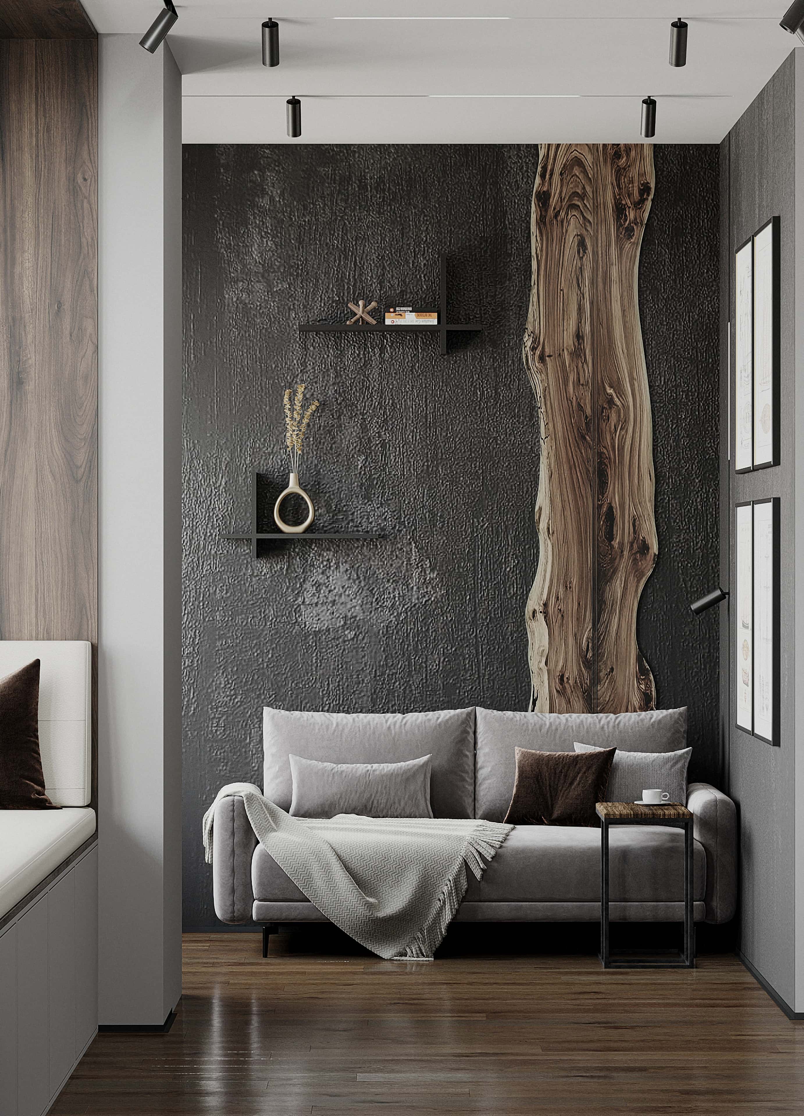 Кухня в стилі джапанді з дерев'яними фасадами, мінімалістичною фурнітурою та відкритими полицями.