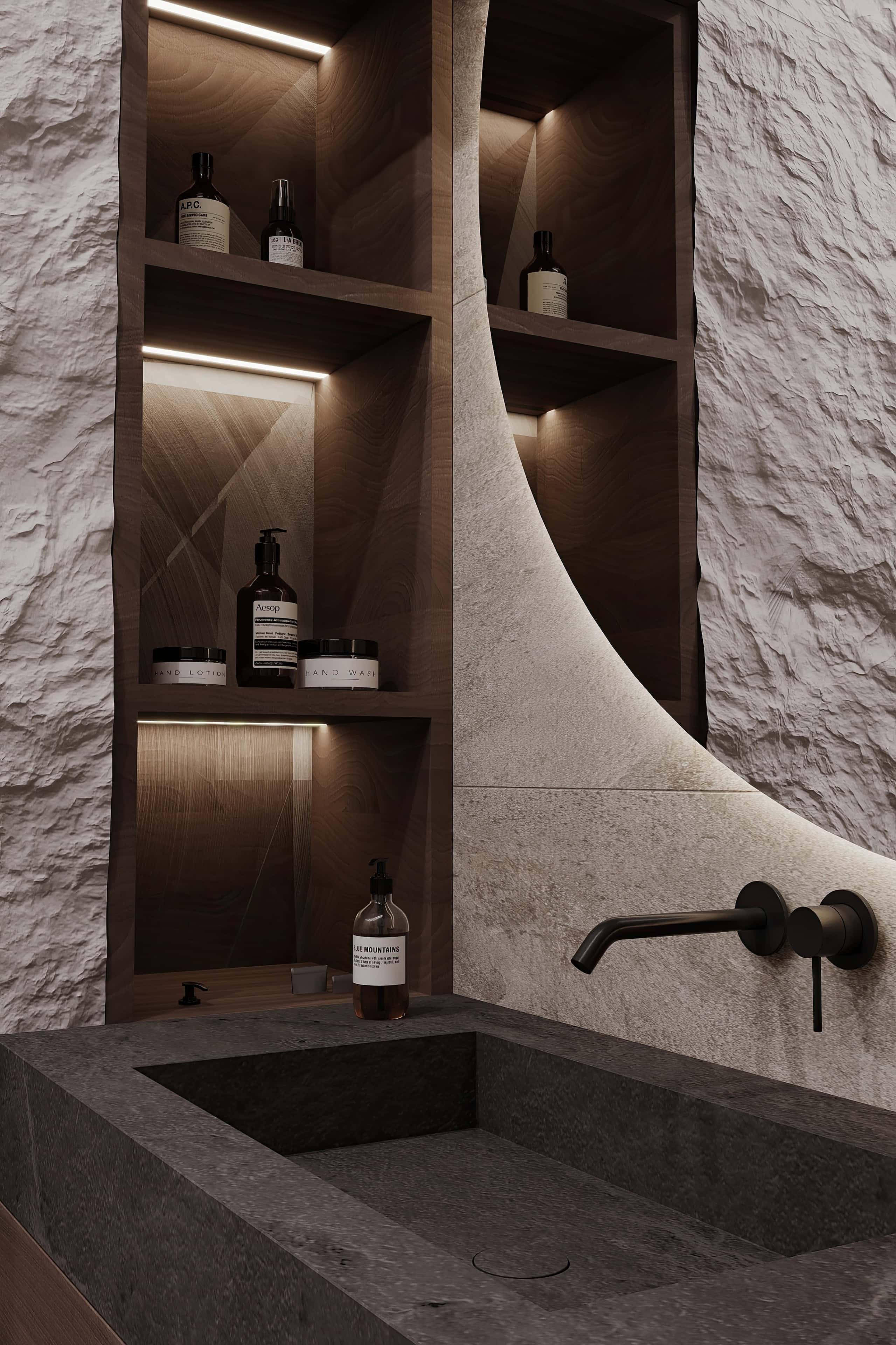 Кухня в стилі джапанді з дерев'яними шафами та кам'яною стільницею в нейтральних тонах.