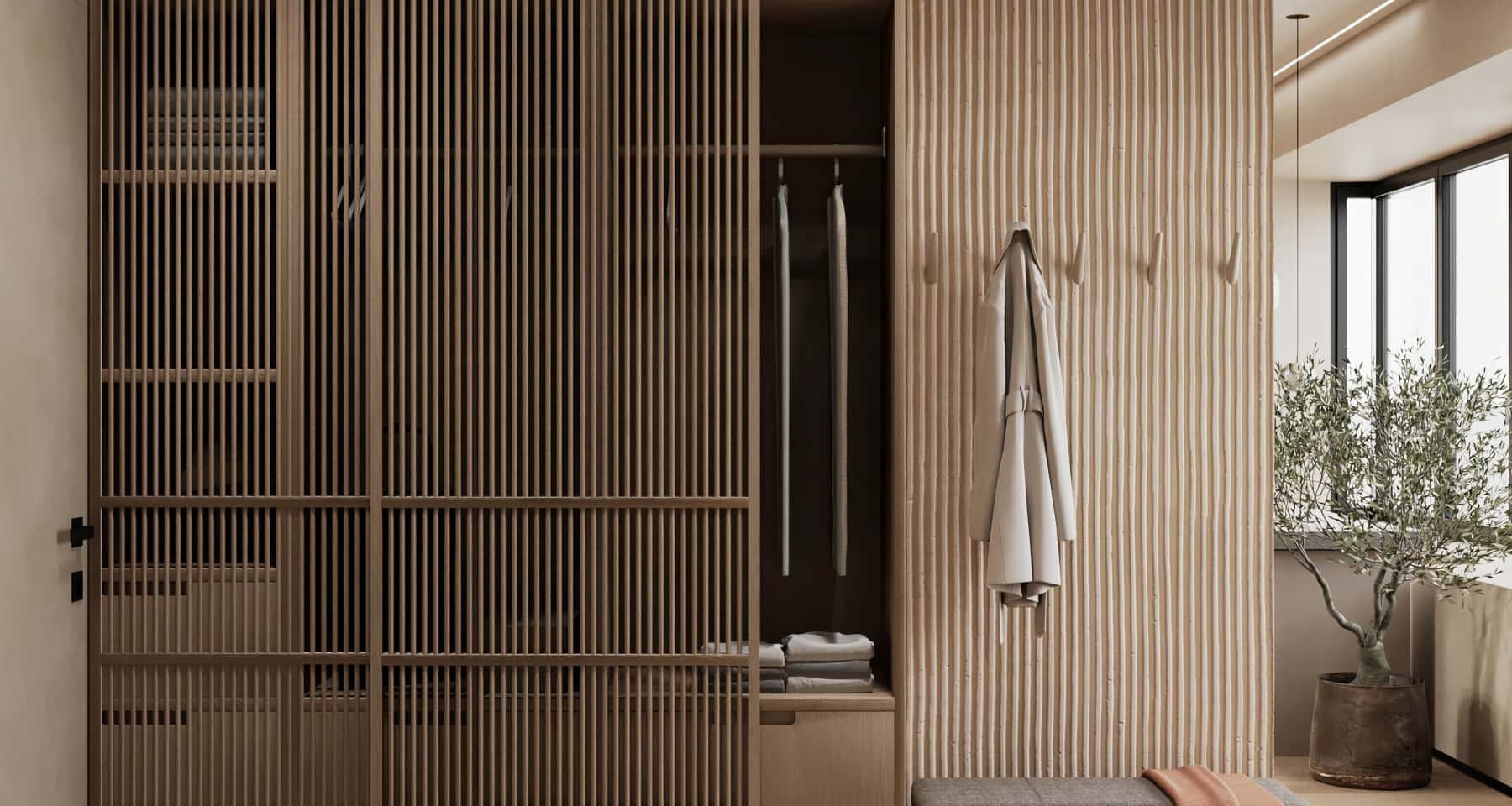 Інтер'єр спальні в стилі джапанді: низьке ліжко та спокійні відтінки.