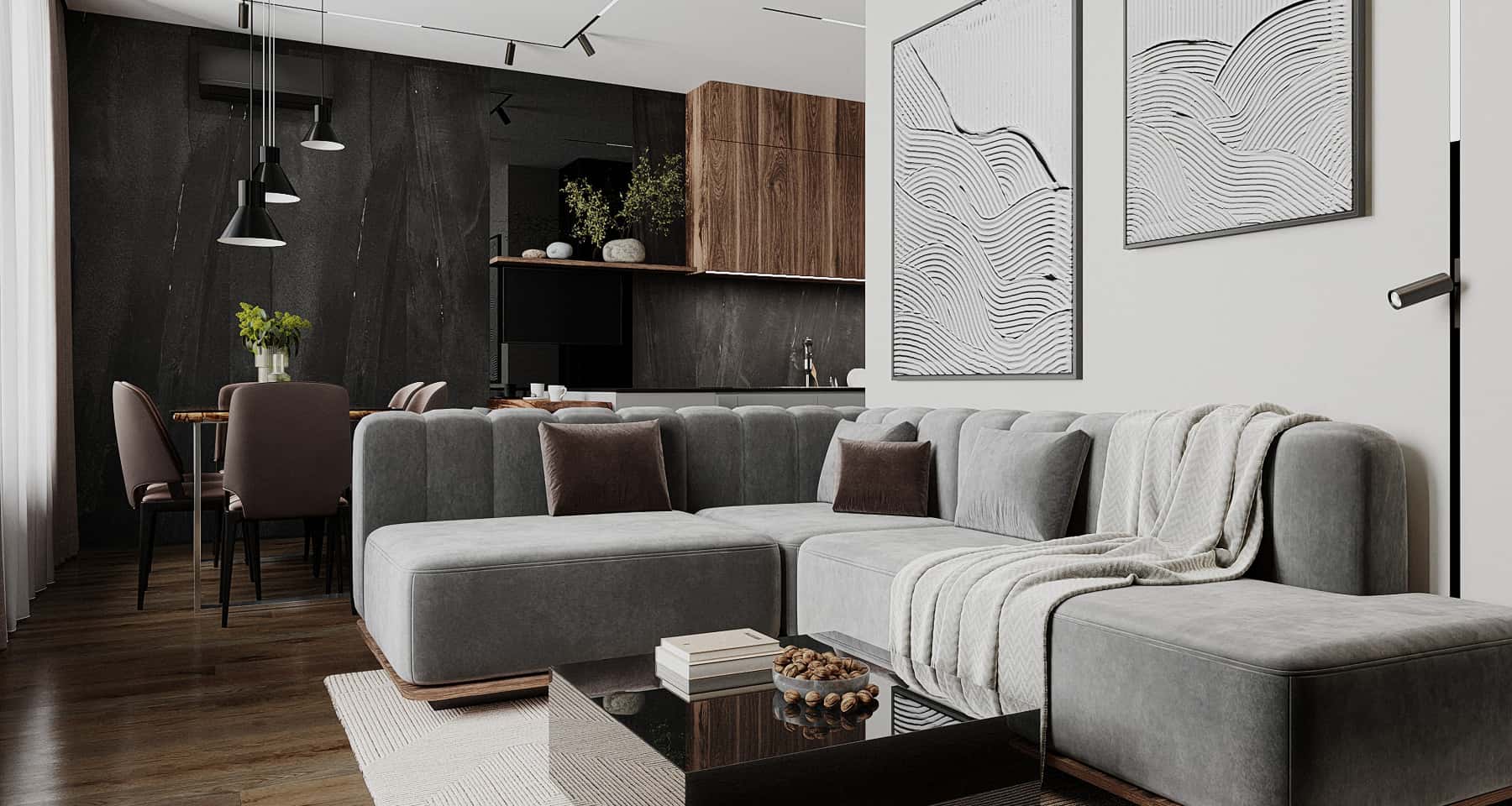 Світла вітальня в стилі джапанді з акцентами на текстурах та мінімалістичному декорі.