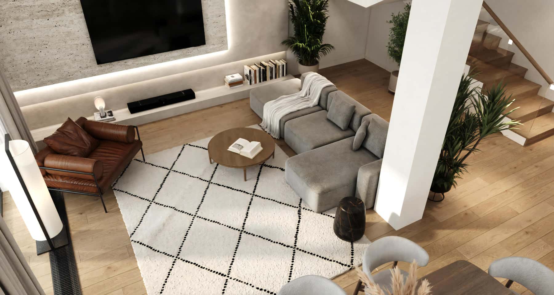 Світла вітальня в скандинавському стилі з каміном та мінімалістичним декором.