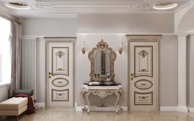 Розкішна люстра в стилі необароко в інтер'єрі лофт заміського будинку, сучасний дизайн.