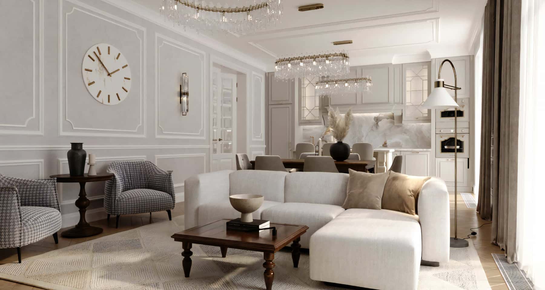 Світлий інтер'єр кухні в стилі неокласика з мармуровою стільницею та класичними шафами.