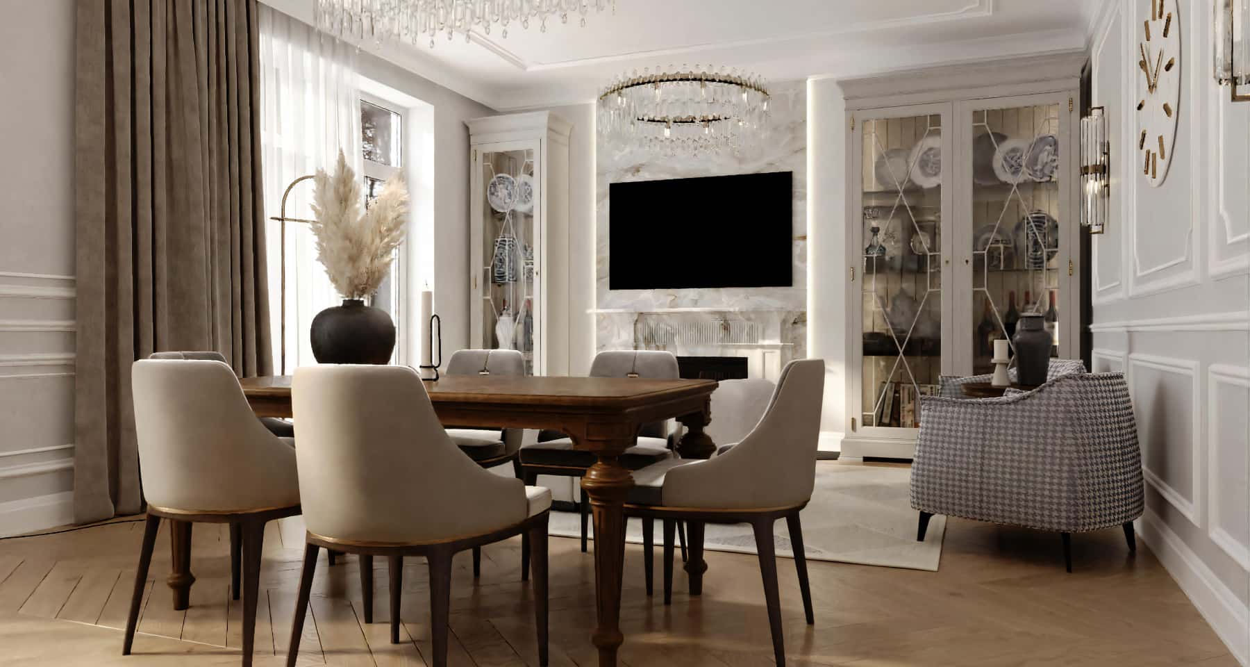 Неокласичний інтер'єр заміського будинку з елегантними меблями та світлим декором.