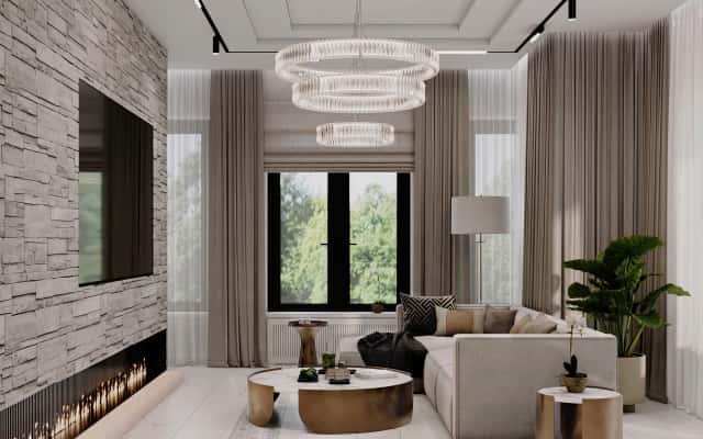 Світла ванна кімната в неокласичному стилі з мармуровою обробкою та вишуканою сантехнікою.