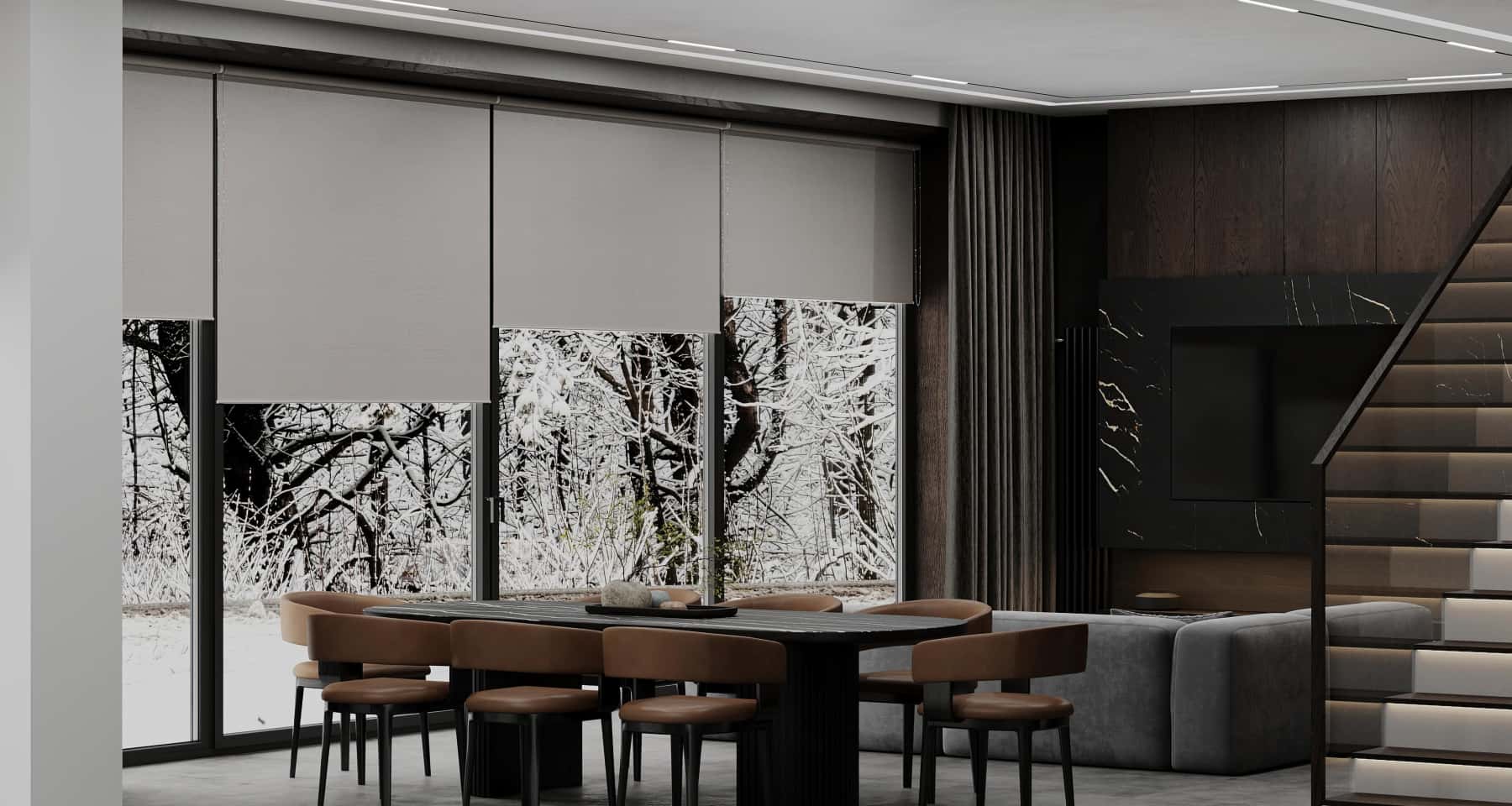 Вітальня в неокласичному стилі з великим диваном, кріслами та журнальним столиком.