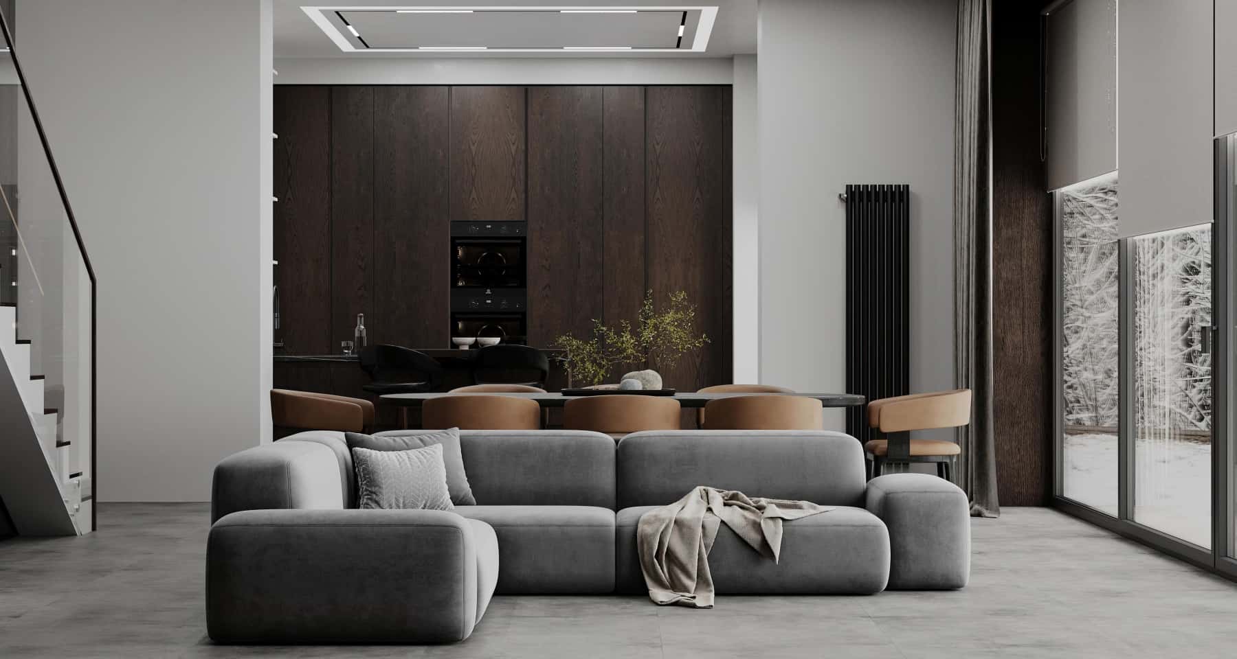 Дизайн сходин в заміському будинку в стилі неокласика, з кованими перилами.