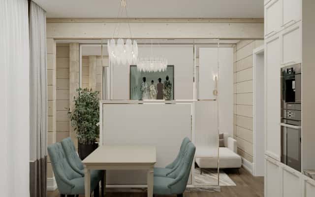 Неокласичний інтер'єр будинку: сходи з кованими перилами та елегантним освітленням.