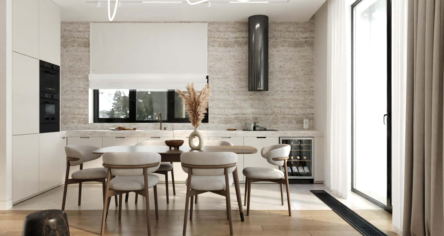 Скандинавська кухня з білими фасадами, дерев'яною стільницею та функціональним дизайном.