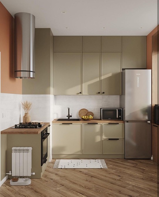 Світла кухня з дерев'яною стільницею, що гармонійно поєднується з інтер'єром