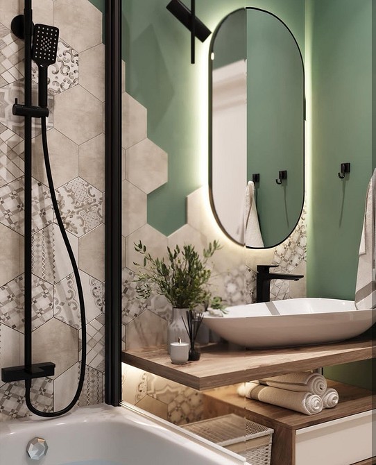 Елегантна дерев'яна стільниця у ванній кімнаті з двома раковинами.