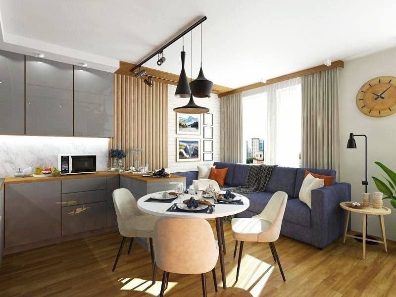 Стильний кутовий диван на кухні з яскравою оббивкою, акцент в інтер'єрі