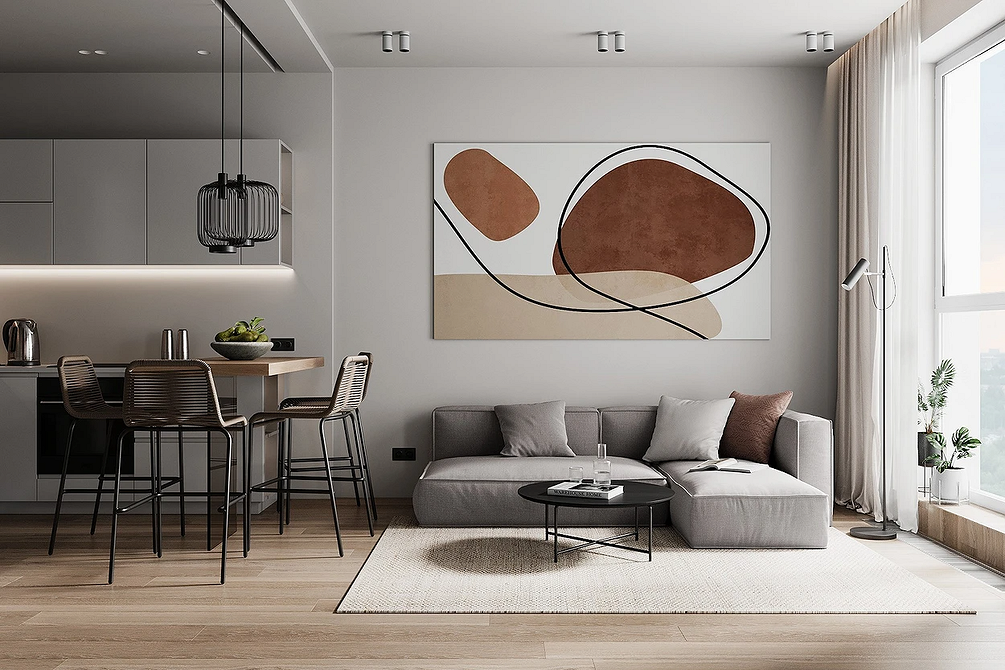 Кутовий диван на кухні з м'якими подушками, створює затишний куточок для відпочинку.