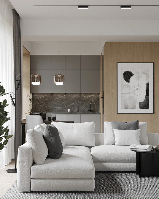 Сучасний дизайн кухні з кутовим диваном, обідньою зоною та великим вікном.