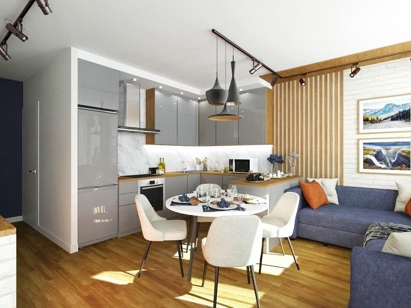 Кутовий диван з оббивкою з мікрофібри на кухні, практичність та легкість у догляді.