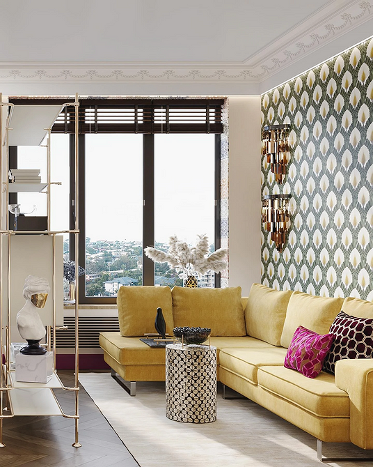 Світла вітальня з кутовим диваном та каміном, класичний стиль