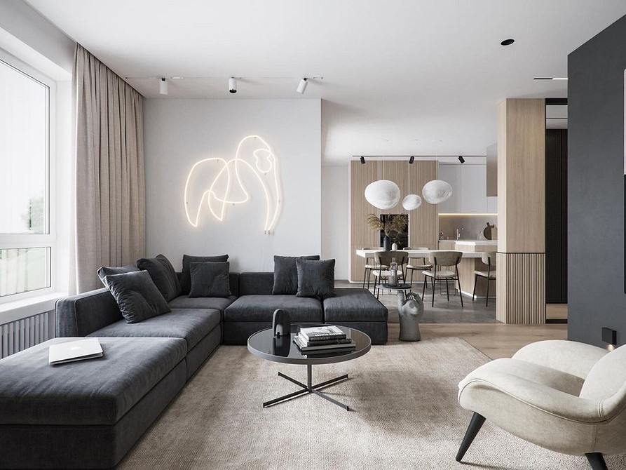 Інтер'єр вітальні з кутовим диваном та журнальним столиком в мінімалістичному стилі