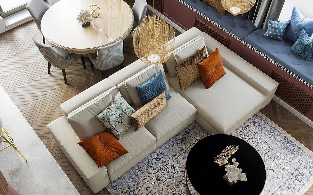 Елегантний кутовий диван з шкіряною оббивкою у класичному інтер'єрі вітальні