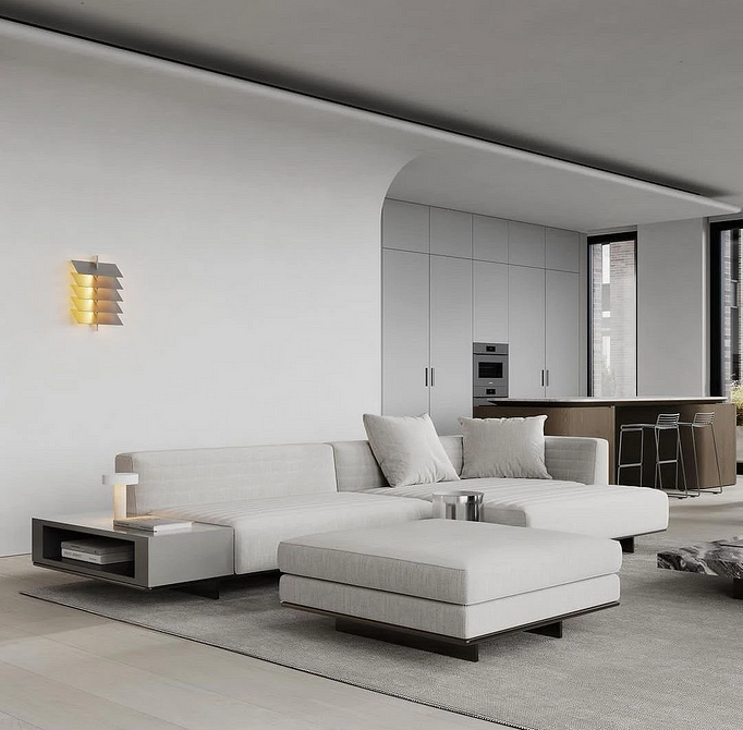 Кутовий диван з шкіряною оббивкою в розкішному інтер'єрі вітальні