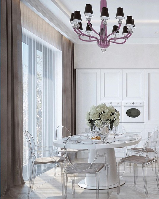 Прозорі пластикові меблі в інтер'єрі: стильний кухонний простір з прозорими барними стільцями.