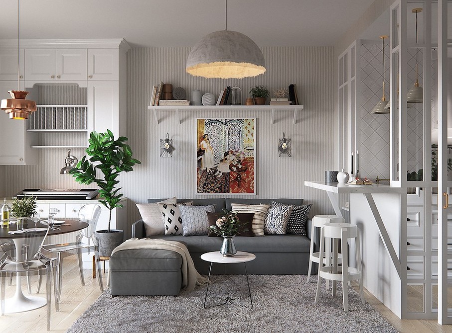 Прозора акрилова консоль у вітальні, підкреслює мінімалізм та додає світла.