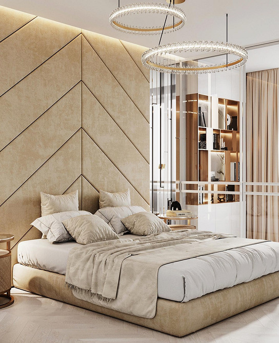 Сучасне ліжко з узголів'ям у мінімалістичному дизайні для спальні.