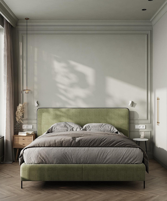 Сучасне ліжко-подіум у спальні, використання нейтральних кольорів для затишної атмосфери.