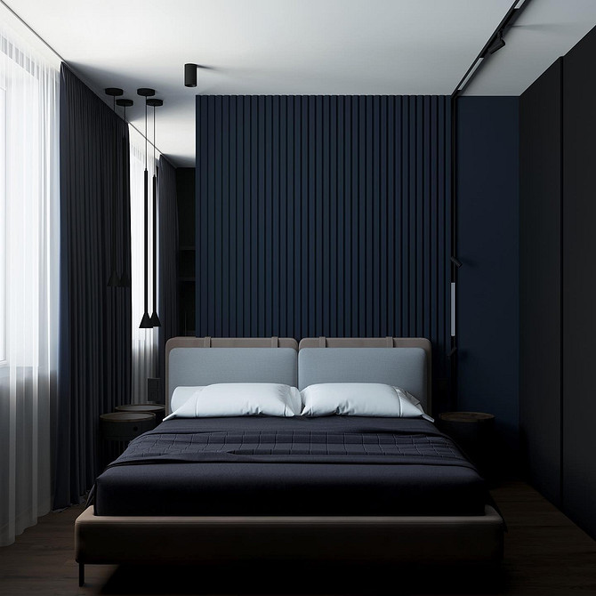 Сучасне ліжко з великим узголів'ям з полицями, багатофункціональні меблі для спальні.