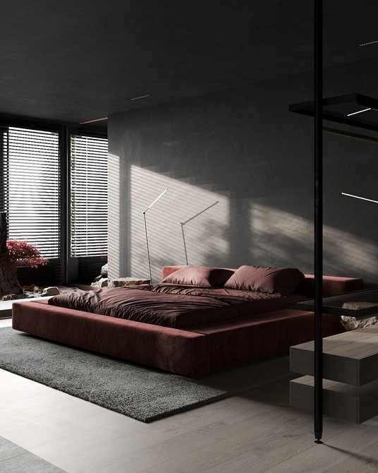 Креативний дизайн спальні з ліжком-подіумом, незвичайні форми та текстури в інтер'єрі.