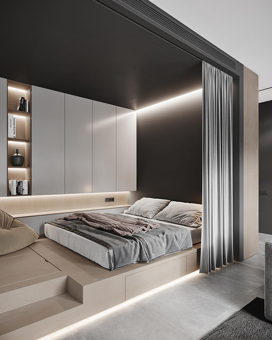 Інтер'єр спальні з ліжком-подіумом та дерев'яними панелями на стіні, дизайн спальні.