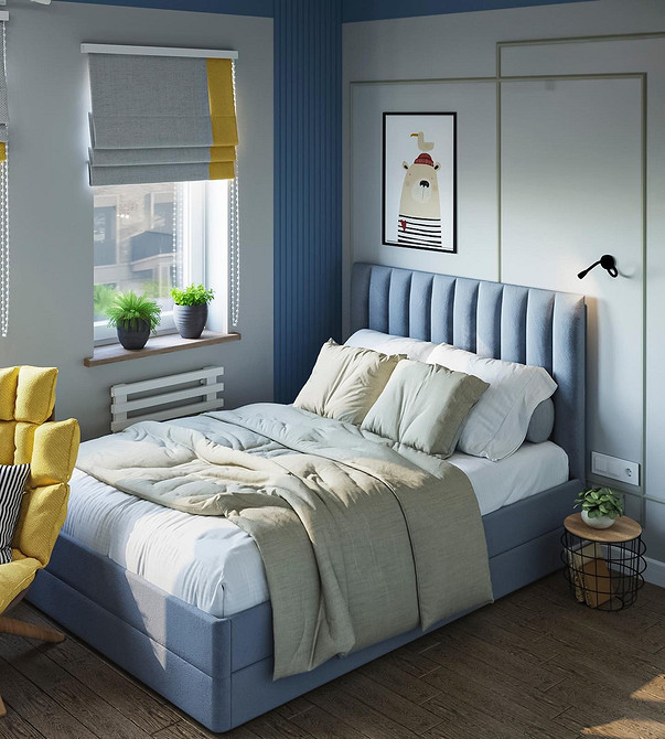 Елегантна спальня з ліжком-подіумом, підсвітка під подіумом додає глибини простору.