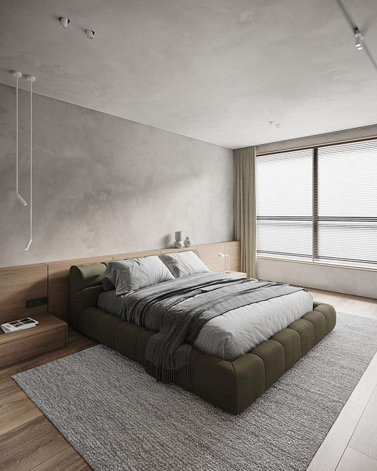 Тренди ліжок 2024: Спальня в світлих тонах з сучасним ліжком та дерев'яними акцентами.