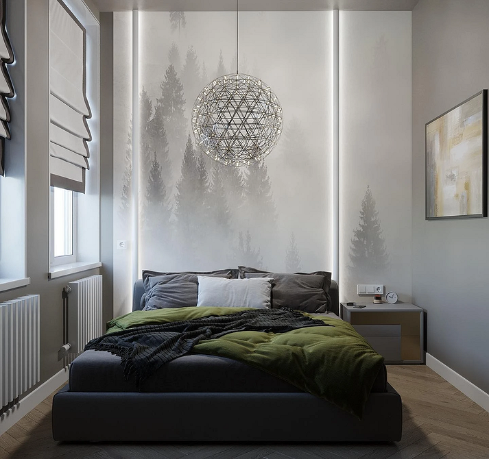 Ліжко з великим узголів'ям з підсвіткою, сучасний дизайн спальні та багатофункціональність.