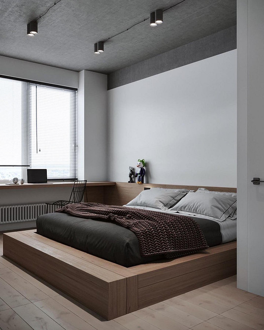 Ліжко-подіум в сучасній спальні, вдале зонування простору та стильний дизайн.