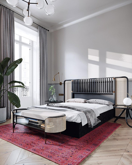 Стильне ліжко з великим узголів'ям в сучасному дизайні спальні.