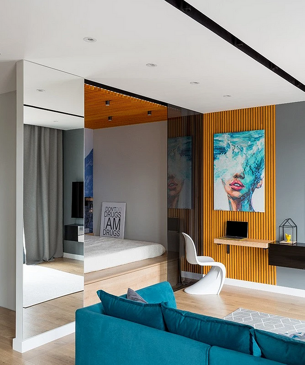 Сучасна спальня з ліжком-подіумом в світлих тонах. Модні кольори ліжок.