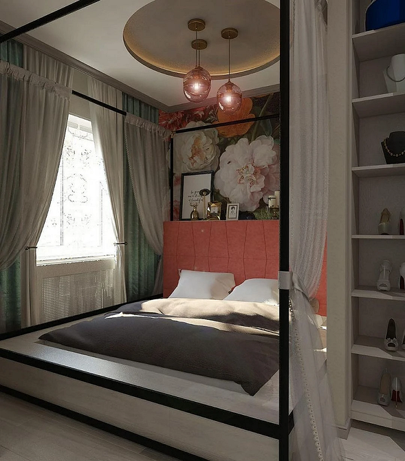 Дизайн спальні з низьким ліжком-подіумом, стильний та сучасний вигляд кімнати.