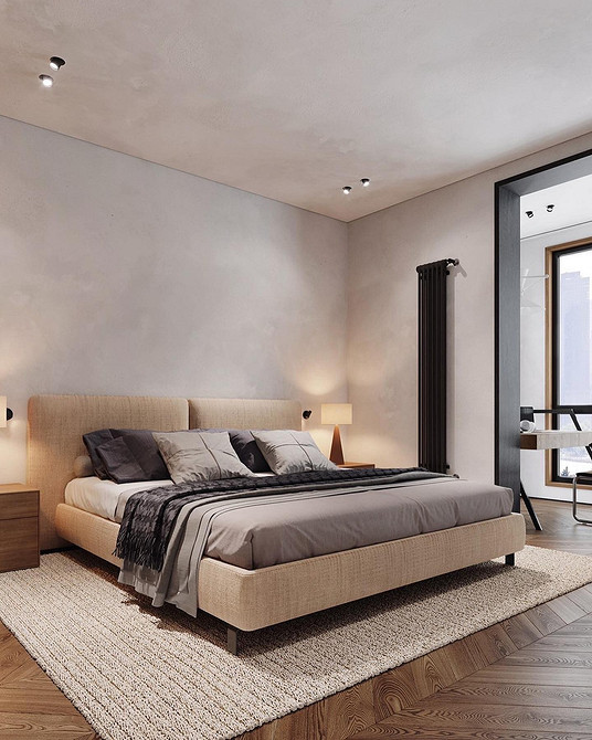 Дизайн маленької спальні з ліжком-подіумом та максимально використаним простором.