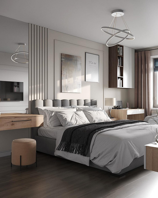 Сучасна спальня з ліжком-подіумом та інтегрованими місцями для зберігання речей.