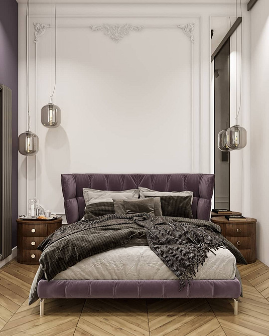 Стильна спальня з ліжком-подіумом, сучасний дизайн та функціональне зонування простору.