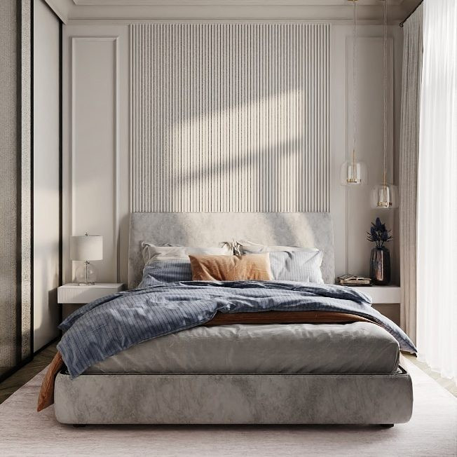 Тренди ліжок 2024: Стильна спальня з сучасним ліжком та геометричним дизайном узголів'я.
