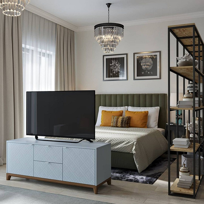 Дерев'яна тумба під телевізор з відкритими полицями для техніки та декору.