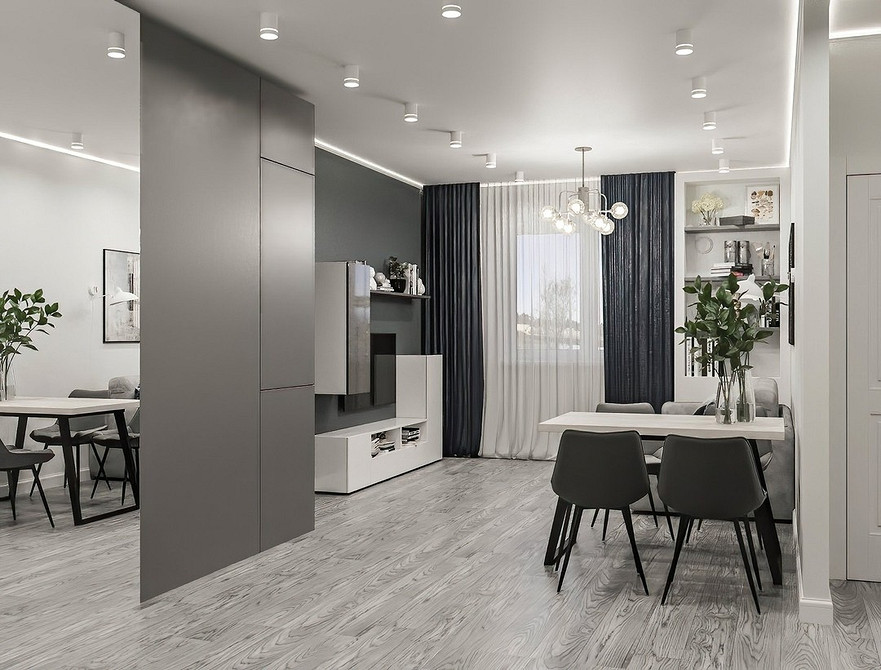 Сучасна вітальня з дзеркальною шафою: ідеальне рішення для зберігання та стильного дизайну.