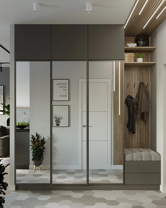 Дзеркальна шафа з матовим склом у вітальні, сучасний дизайн та освітлення